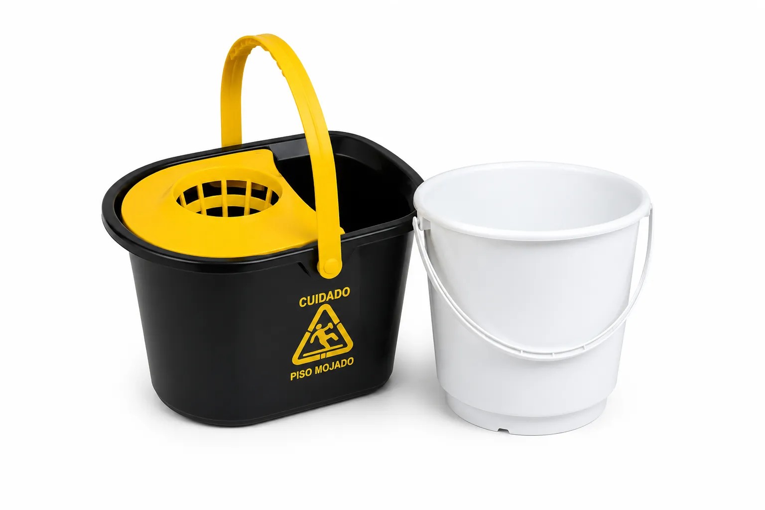 Cubos de plástico y fregona