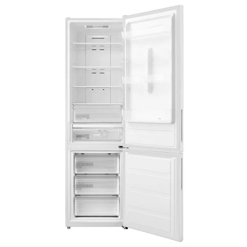 Frigorífico combi Midea MDRB489FGE01OE 330L, clase energética E, blanco, con diseño de doble puerta y estantes ajustables.