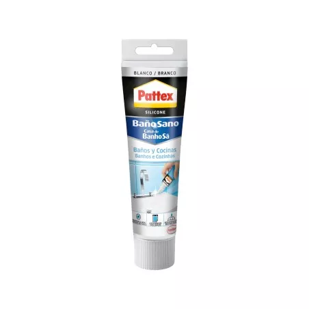 Silicona Pattex Baño Sano blanca antimoho 50 ml ideal para juntas en baños y cocinas, resistente al agua y fácil aplicación.