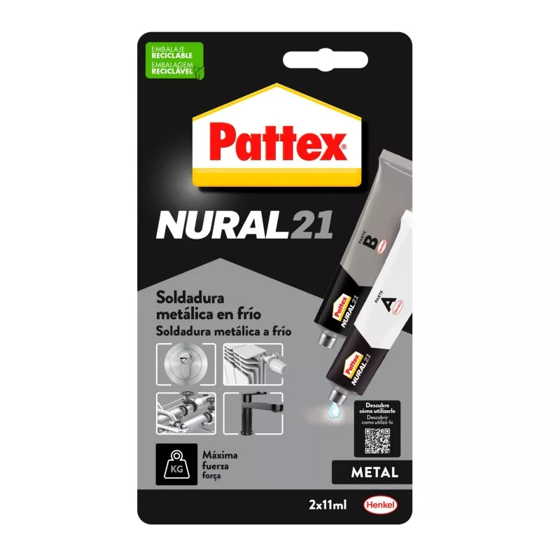 Soldadura fría Pattex Nural 21 para metal 22 ml en práctico formato de tubo con dos componentes fáciles de usar.
