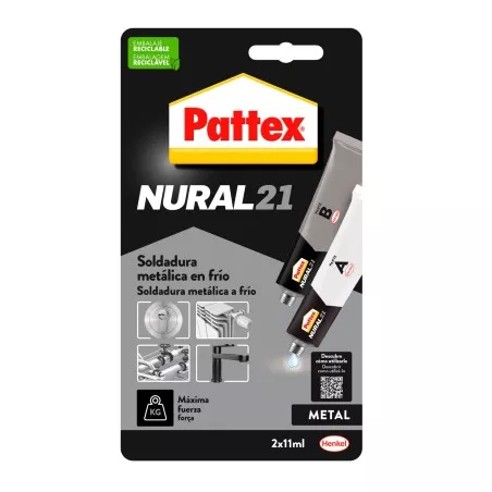 Soldadura fría Pattex Nural 21 para metal 22 ml en práctico formato de tubo con dos componentes fáciles de usar.