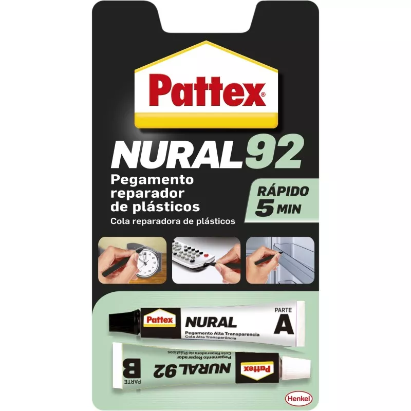 Adhesivo reparador Pattex Nural 92 para plásticos 22 ml en tubo, aplicación rápida, ideal para reparaciones duraderas.