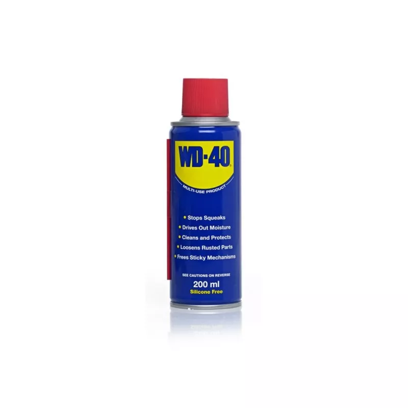 Lubricante spray WD40 200ml en aerosol azul con tapa roja, multipropósito para limpiar y proteger superficies.