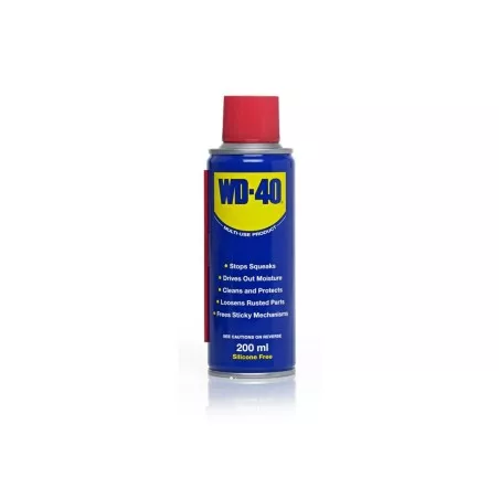 Lubricante spray WD40 200ml en aerosol azul con tapa roja, multipropósito para limpiar y proteger superficies.