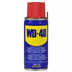 Lubricante multiusos WD-40 spray 100 ml en envase aerosol azul y amarillo, ideal para protección y lubricación.
