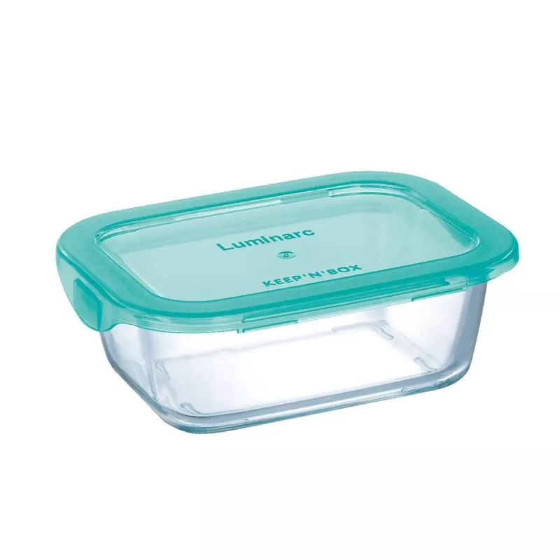 Recipiente Luminarc Keep\'n Lagon 82 cl rectangular de vidrio transparente con tapa verde y diseño funcional.