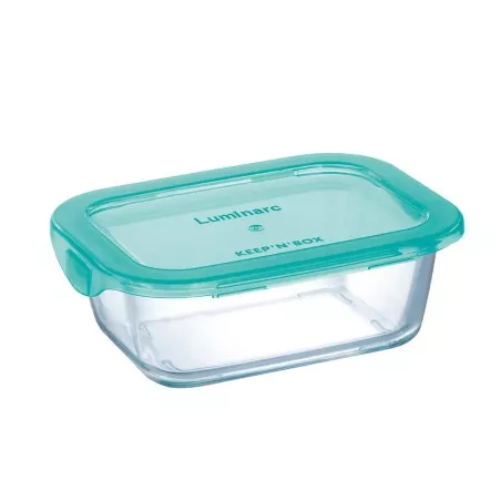 Recipiente Luminarc Keep\'n Lagon 82 cl rectangular de vidrio transparente con tapa verde y diseño funcional.