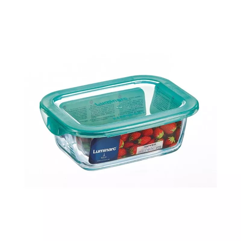 Recipiente Luminarc Keep\'n Lagon 82 cl rectangular de vidrio transparente con tapa verde hermética y diseño funcional.