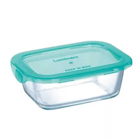 Recipiente Luminarc Keep\'n Lagon 38 cl rectangular de vidrio transparente con tapa de silicona azul.