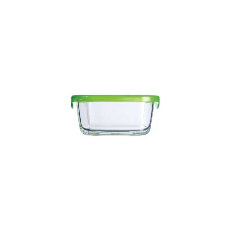 Recipiente Luminarc Keep\'n Lagon 38 cl cuadrado de vidrio transparente con tapa verde, ideal para almacenamiento.