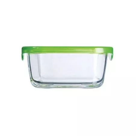 Recipiente Luminarc Keep\'n Lagon 38 cl cuadrado de vidrio transparente con tapa verde, ideal para almacenamiento.