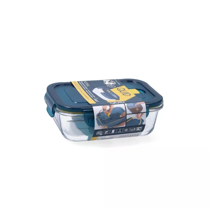 Recipiente hermético Quid Astral 64 cl rectangular de vidrio transparente con tapa azul y diseño resistente.