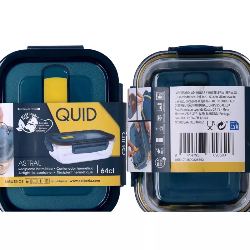 Recipiente hermético Quid Astral 64 cl rectangular de plástico color azul con tapa amarilla y cierre a presión