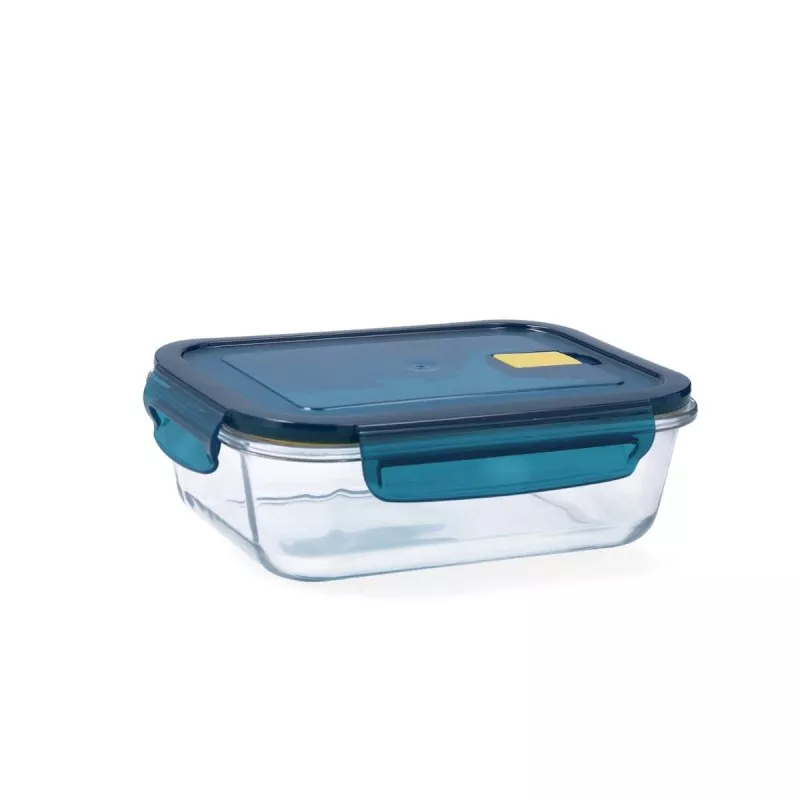 Recipiente hermético Quid Astral 1,04 L rectangular de vidrio transparente con tapa azul y diseño funcional.