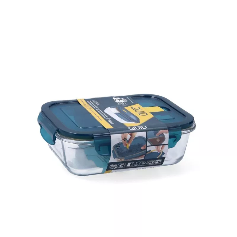 Recipiente hermético Quid Astral 1,04 L rectangular de vidrio transparente con tapa azul y diseño duradero
