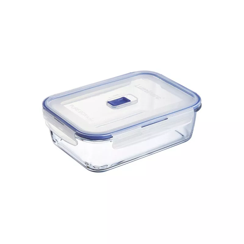 Recipiente hermético Luminarc Pure Box 1,97 L rectangular de vidrio transparente con tapa azul y diseño moderno