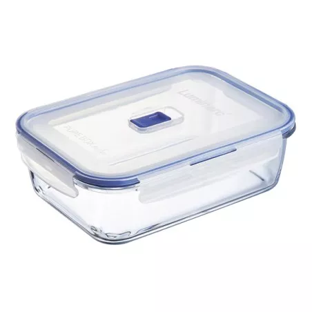 Recipiente hermético Luminarc Pure Box 1,97 L rectangular de vidrio transparente con tapa azul y diseño moderno