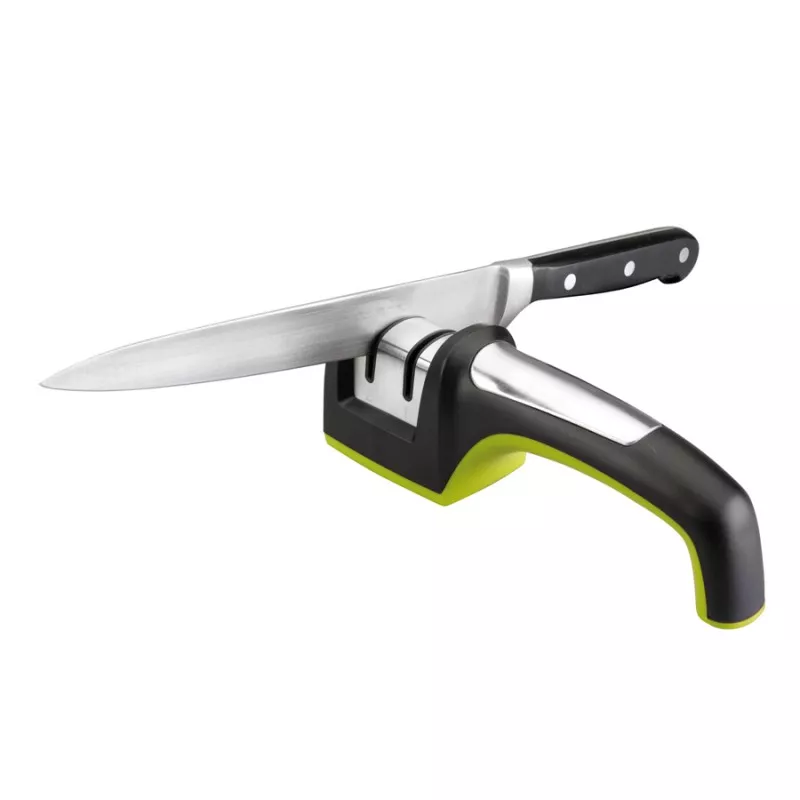 Afilador manual Ibili 783700 cerámica y diamante 20 cm con mango ergonómico y base antideslizante en color negro y amarillo.