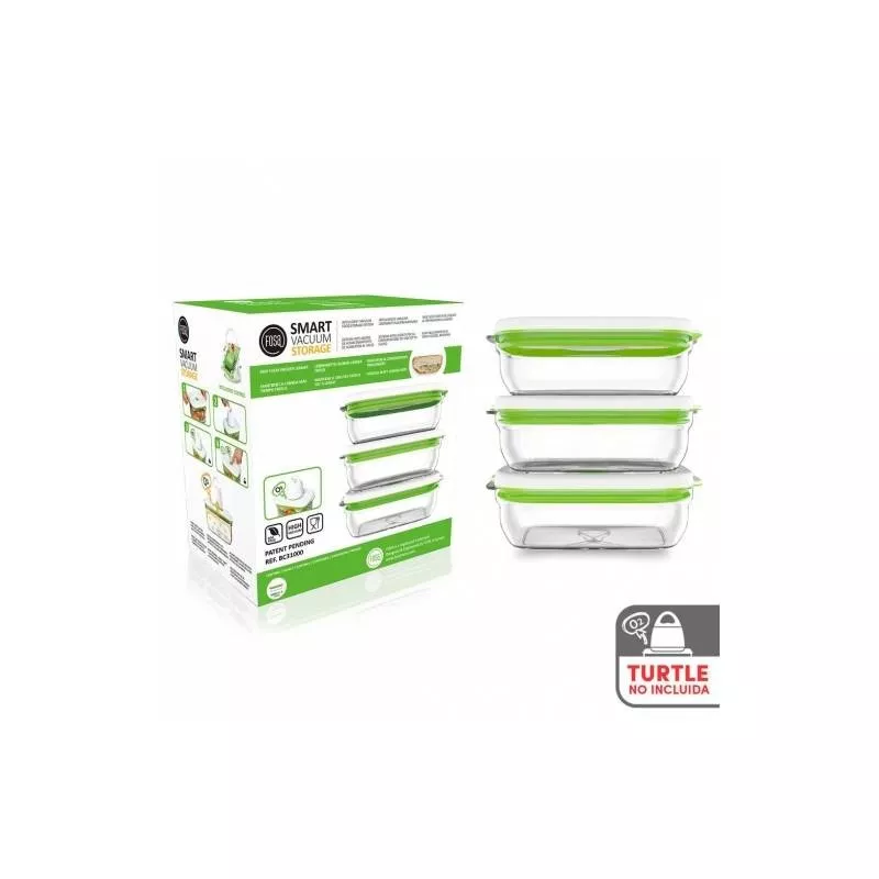 Set 3 recipientes al vacío Fosa BC31000 de 1 L con tapa verde, diseño rectangular y material de vidrio resistente.