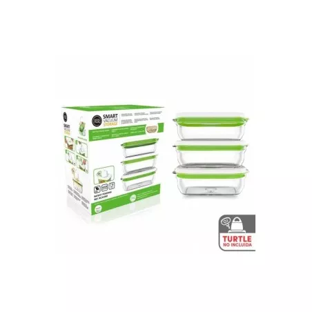 Set 3 recipientes al vacío Fosa BC31000 de 1 L con tapa verde, diseño rectangular y material de vidrio resistente.