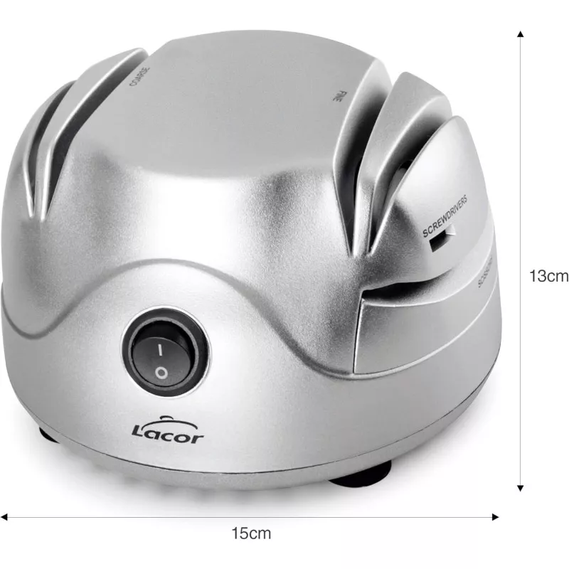 Afilador eléctrico Lacor 69141 de 60 W en acabado plateado con 4 ranuras para afilar cuchillos y tijeras