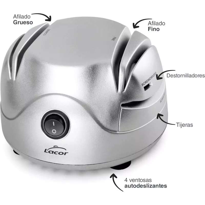 Afilador eléctrico Lacor 69141 de 60 W color plateado con 4 ranuras para afilar cuchillos y tijeras.
