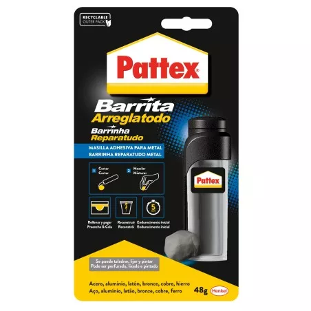 Masilla bicomponente Pattex Barrita Arreglatodo 48 g color gris con fórmula resistente y diseño aplicador tipo barrita.