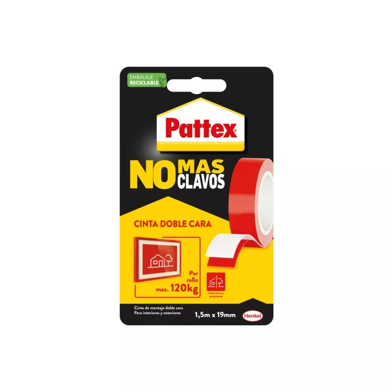 Cinta doble cara Pattex No Más Clavos 1,5 m x 19 mm en color rojo, resistente, ideal para montajes y reparaciones.