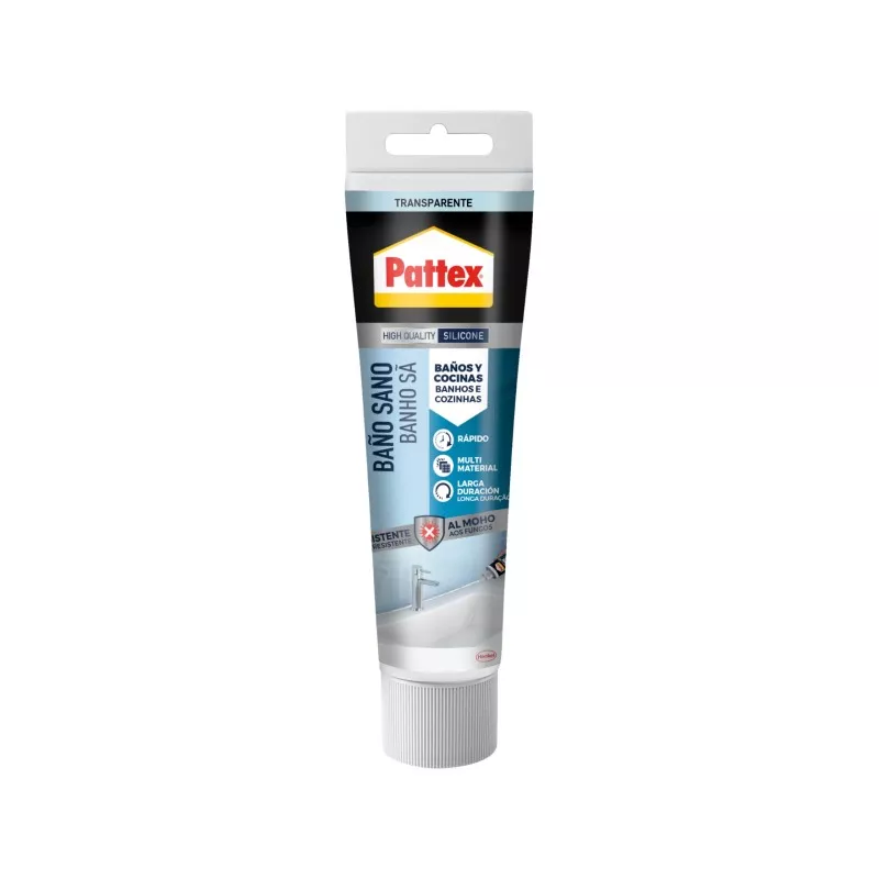 Silicona Pattex Baño Sano transparente 50 ml, sellador flexible y moldeable, ideal para áreas húmedas.