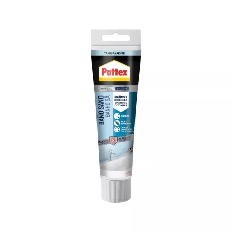Silicona Pattex Baño Sano transparente 50 ml, sellador flexible y moldeable, ideal para áreas húmedas.