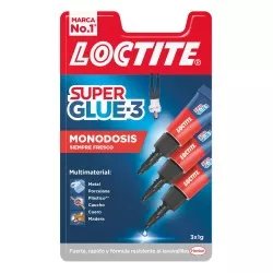 Adhesivo Loctite Super Glue-3 Mini Trio 3 x 1 g en formato monodosis, resistente a múltiples materiales, color rojo.