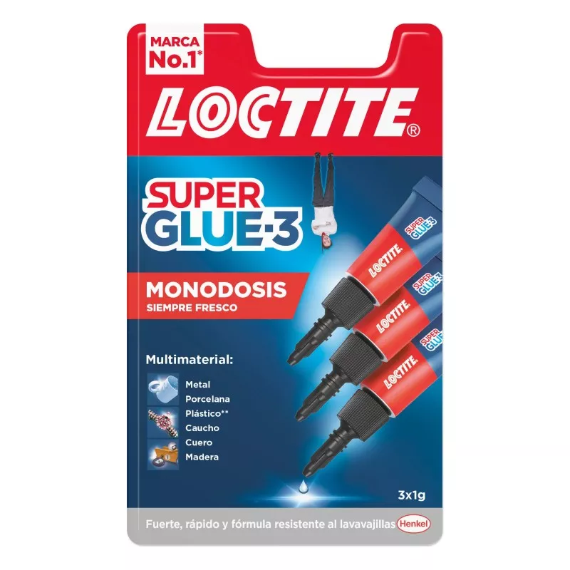 Adhesivo Loctite Super Glue-3 Mini Trio 3 x 1 g en formato monodosis, resistente a múltiples materiales, color rojo.