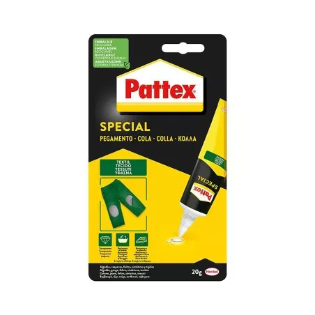 Adhesivo textil Pattex Especial Textil 20 g en tubo amarillo, ideal para tejidos y aplicaciones textiles.