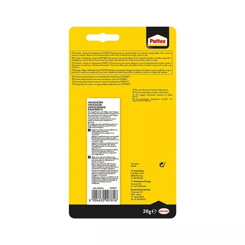 Adhesivo textil Pattex Especial Textil 20 g en formato líquido con envase amarillo y diseño optimizado para tejidos.