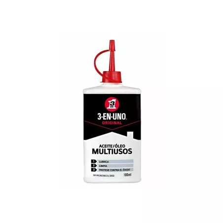 Aceite multiusos 3-EN-UNO gotero 100 ml envase blanco y negro con tapa roja, ideal para lubricar y proteger superficies.