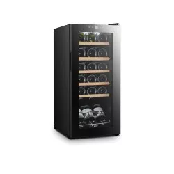 Armario refrigerador para vino Lacor 18 botellas en color negro con estantes de madera y diseño elegante.