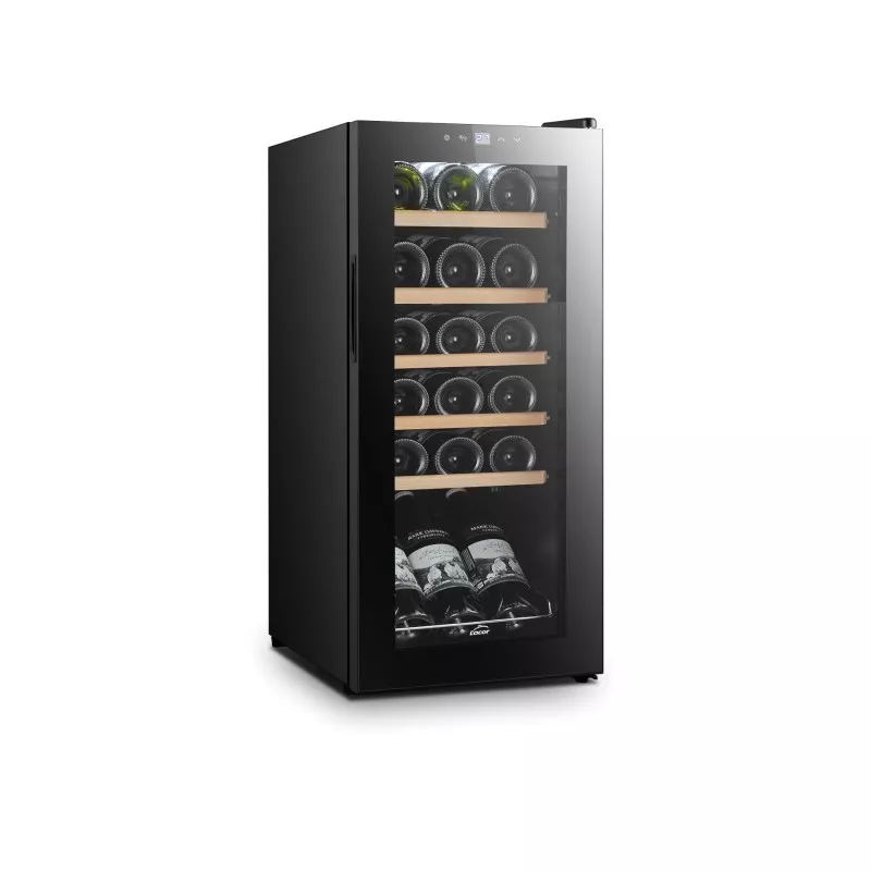 Armario refrigerador para vino Lacor 18 botellas en color negro con estantes de madera y diseño elegante.