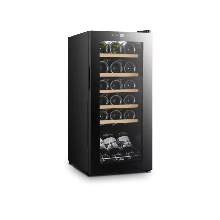 Armario refrigerador para vino Lacor 18 botellas en color negro con estantes de madera y diseño elegante.