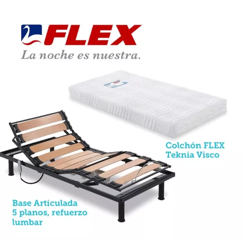 Conjunto articulado con colchón Flettex 90x190, base de madera flexible, colchón viscoelástico y refuerzo lumbar.