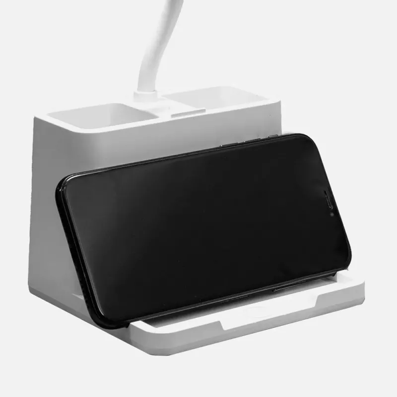 Flexo LED Fabrilamp Genio 6 W blanco con portalápices y base para smartphone, diseño moderno y funcional.
