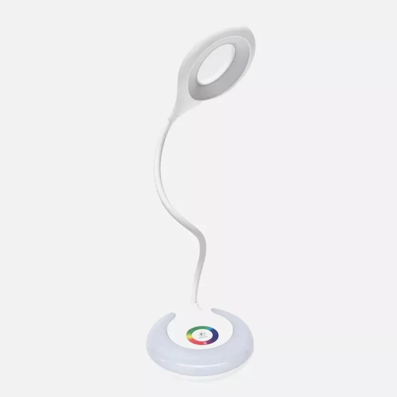 Flexo LED Fabrilamp Místico 6 W blanco con diseño minimalista y base RGB de luz ajustable.