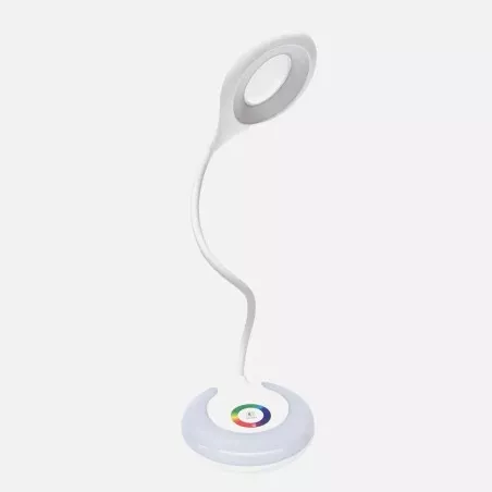 Flexo LED Fabrilamp Místico 6 W blanco con diseño minimalista y base RGB de luz ajustable.