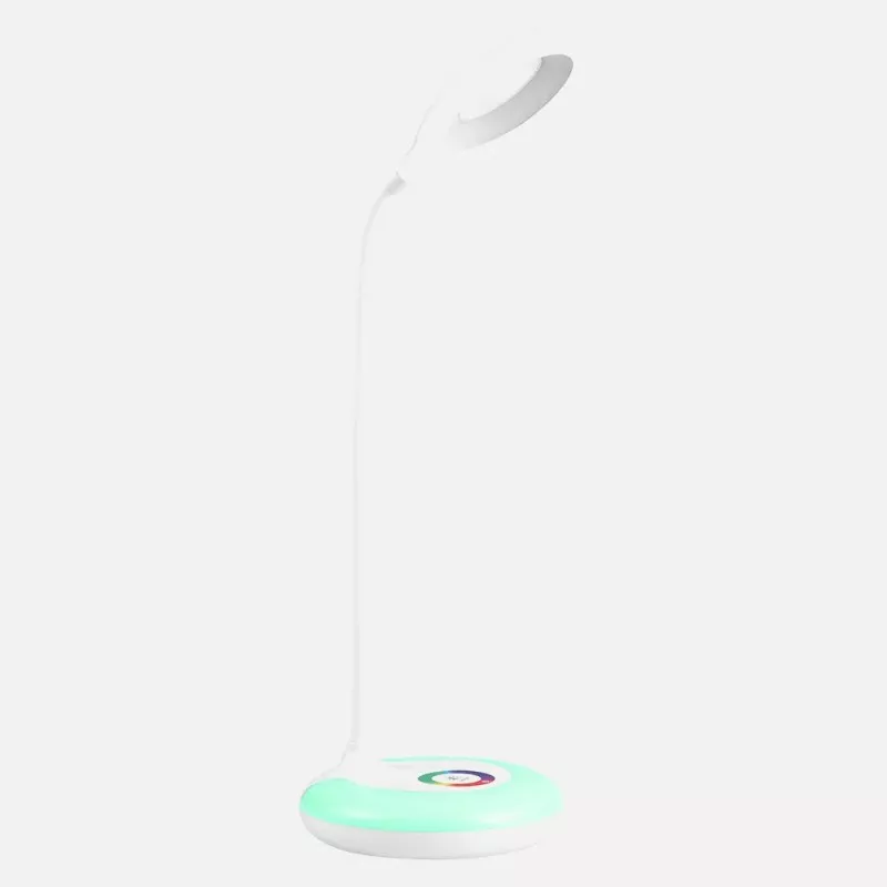 Flexo LED Fabrilamp Místico 6 W blanco con base RGB, diseño moderno y base iluminada en colores.