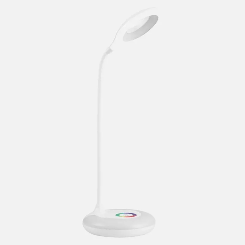 Flexo LED Fabrilamp Místico 6 W blanco con base RGB, diseño moderno y ajustable, ideal para escritorio y lectura.