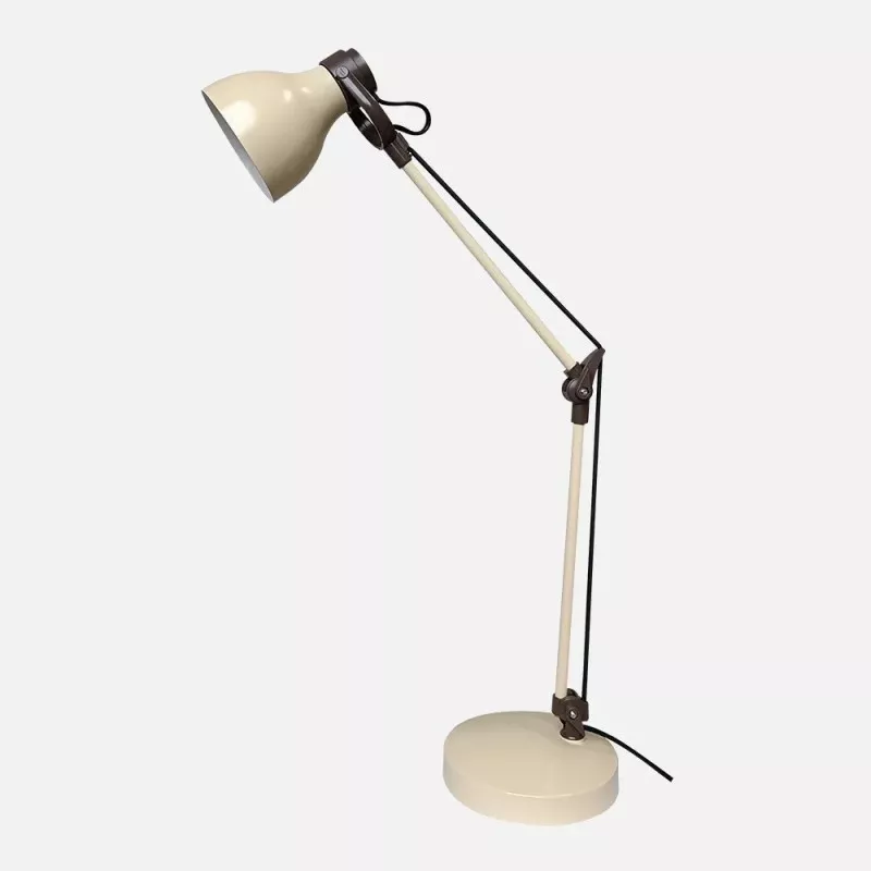 Flexo Fabrilamp Carpo E14 articulable en beige y marrón, con base sólida y diseño moderno ideal para escritorio.