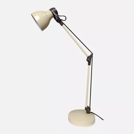 Flexo Fabrilamp Carpo E14 articulable en beige y marrón, con base sólida y diseño moderno ideal para escritorio.