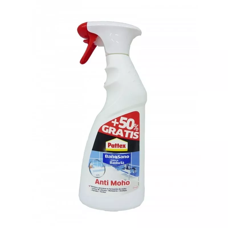Limpiador antimoho Pattex Baño Sano 500 + 250 ml en botella blanca con spray, capacidad total 750 ml.