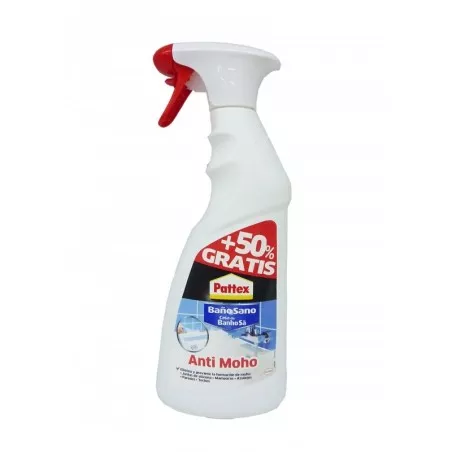 Limpiador antimoho Pattex Baño Sano 500 + 250 ml en botella blanca con spray, capacidad total 750 ml.