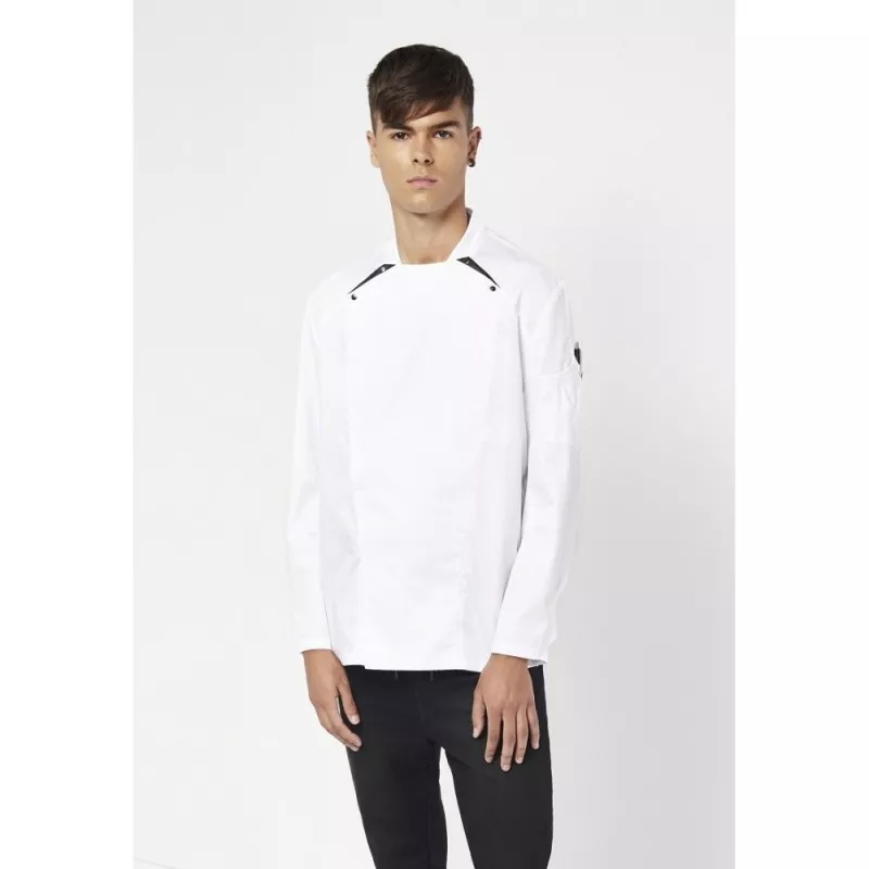 CHAQUETILLA REGULAR FIT 10 CBO T-L 04121 BCO blanca, de tejido resistente y corte moderno, ideal para cocina profesional.