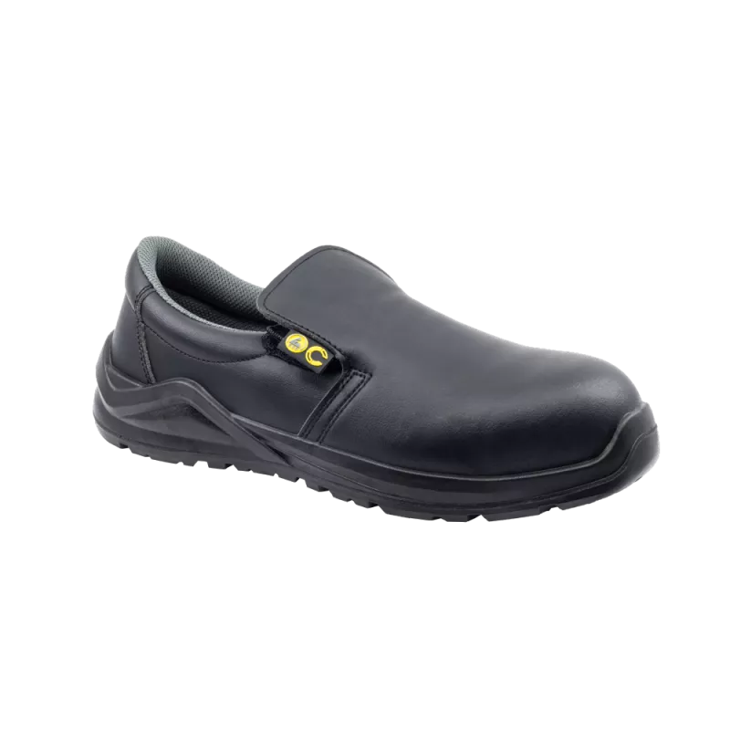 Zapato antideslizante Calima Cook 9251 negro S2 ESD T-45 de cuero, diseño slip-on y suela resistente al deslizamiento